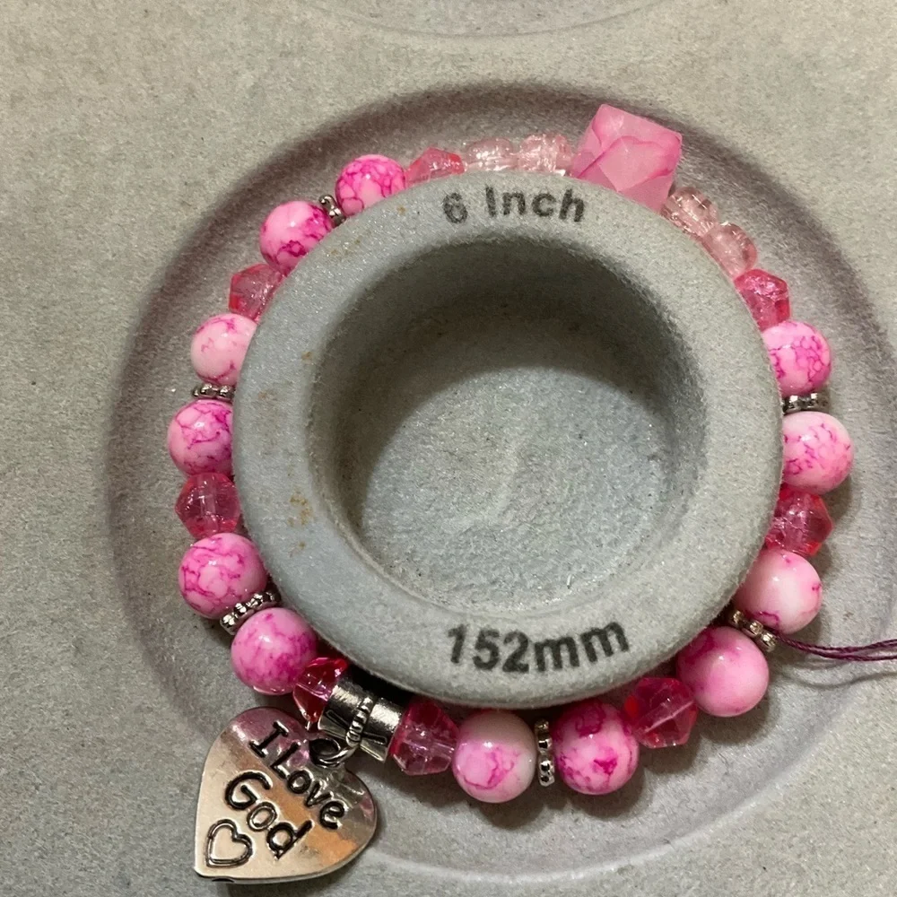 Hand Crafted Stretch Bracelet Pink Beads Silver I Love God Charm